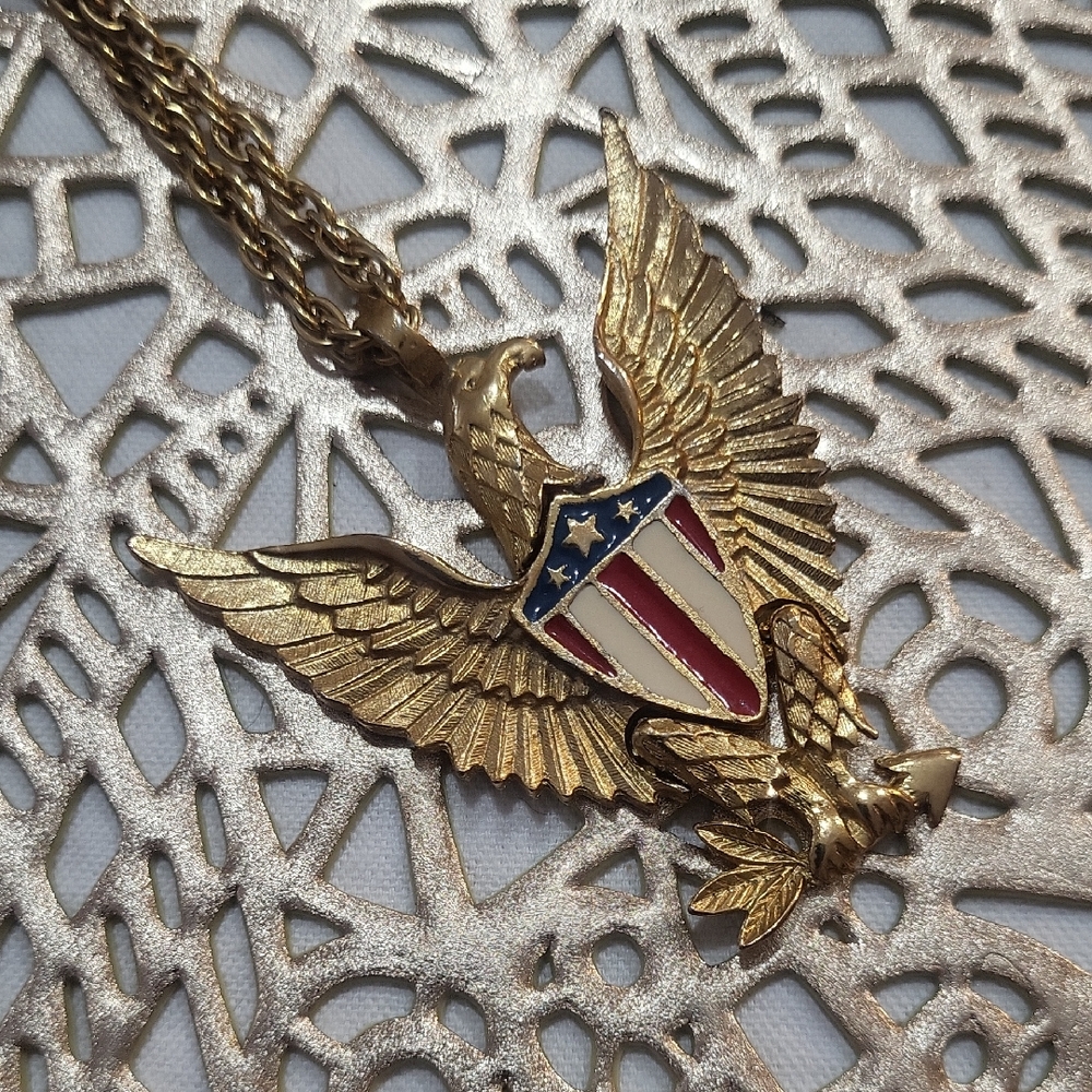 Vintage Patriotic Eagle Necklace Gold Tone American Flag Shield Pendant